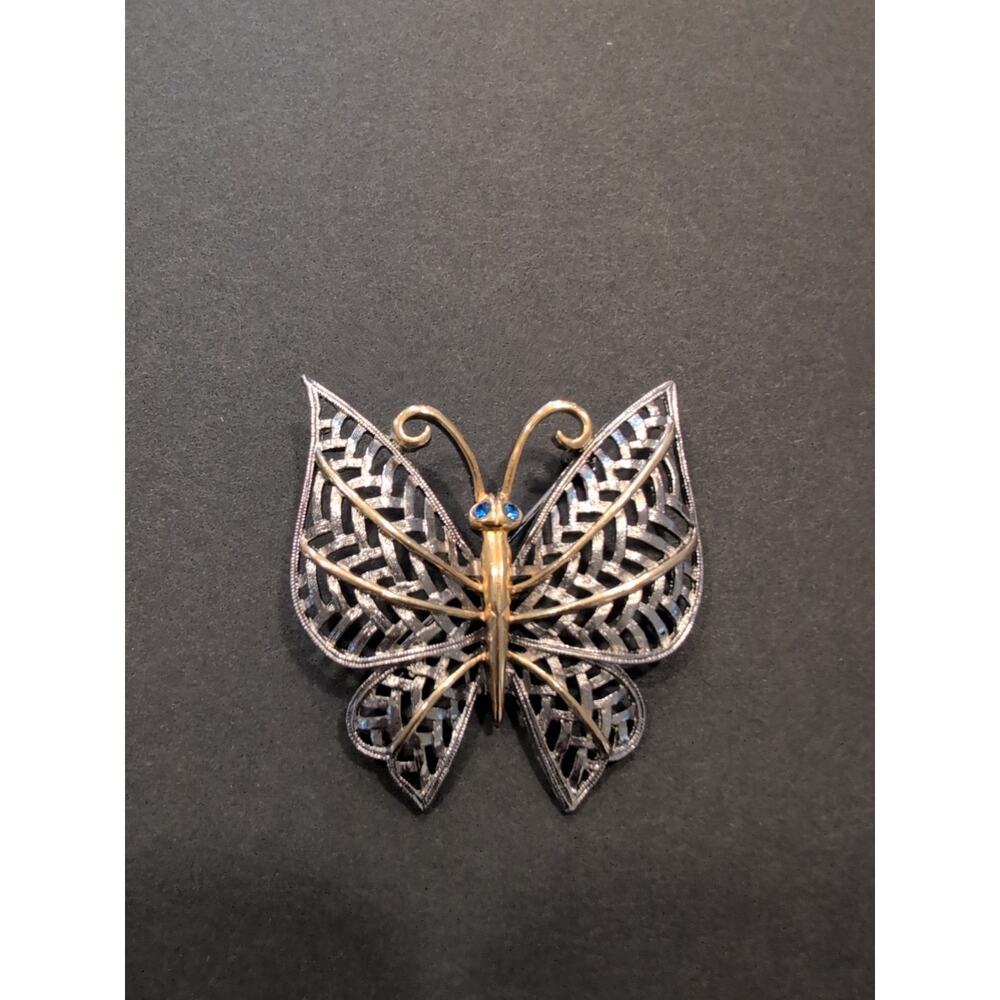 Vintage Avon Silver‎ Tone Gold Tone Filigree Butterfly Brooch Blue Rhinestone